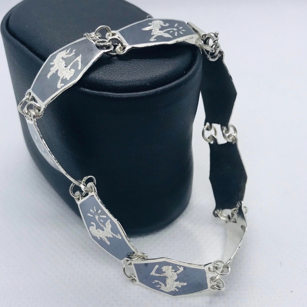 Vintage Silver Siam Niello Dancing Goddess Bracelet, 7.5” Long